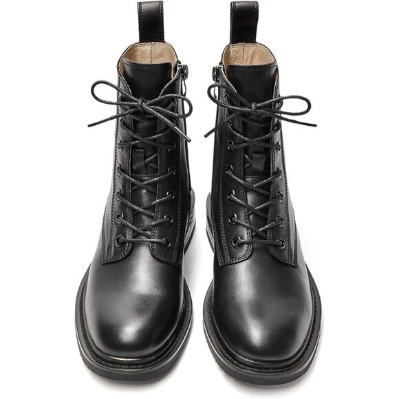 Women's Combat Boots Black Leather Side Zipper Booties For Women - Picture 4 of 6